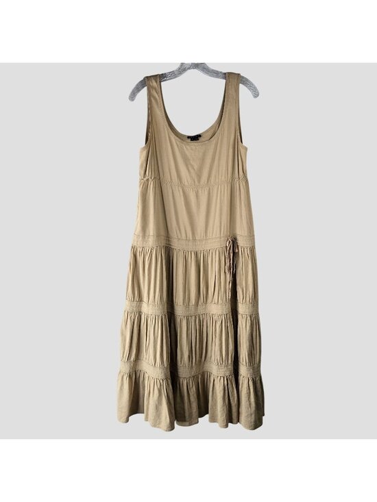 Theory Dresses & Skirts - Theory Linen Blend Midi Dress Tan Sleeveless Tiered Cottage Lagenlook Minimalist